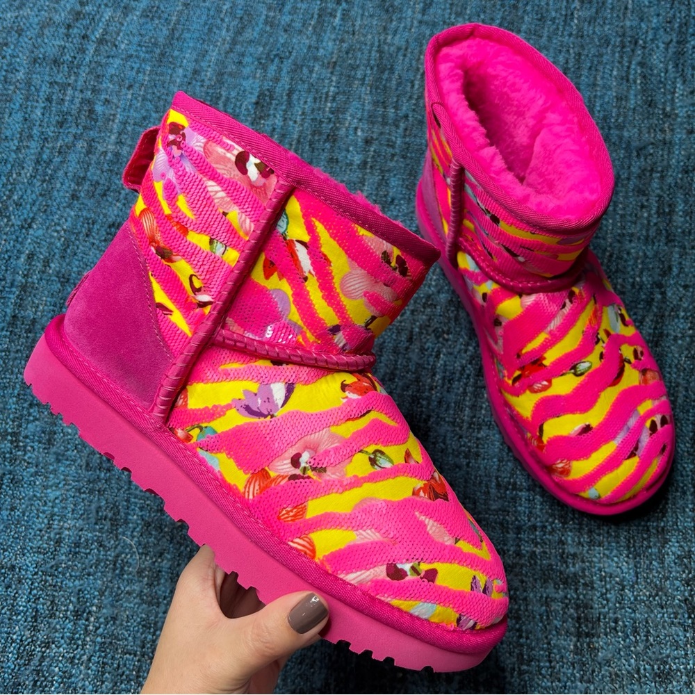 UGG Classic Mini Tiger Flower Pink Pull On Boots
